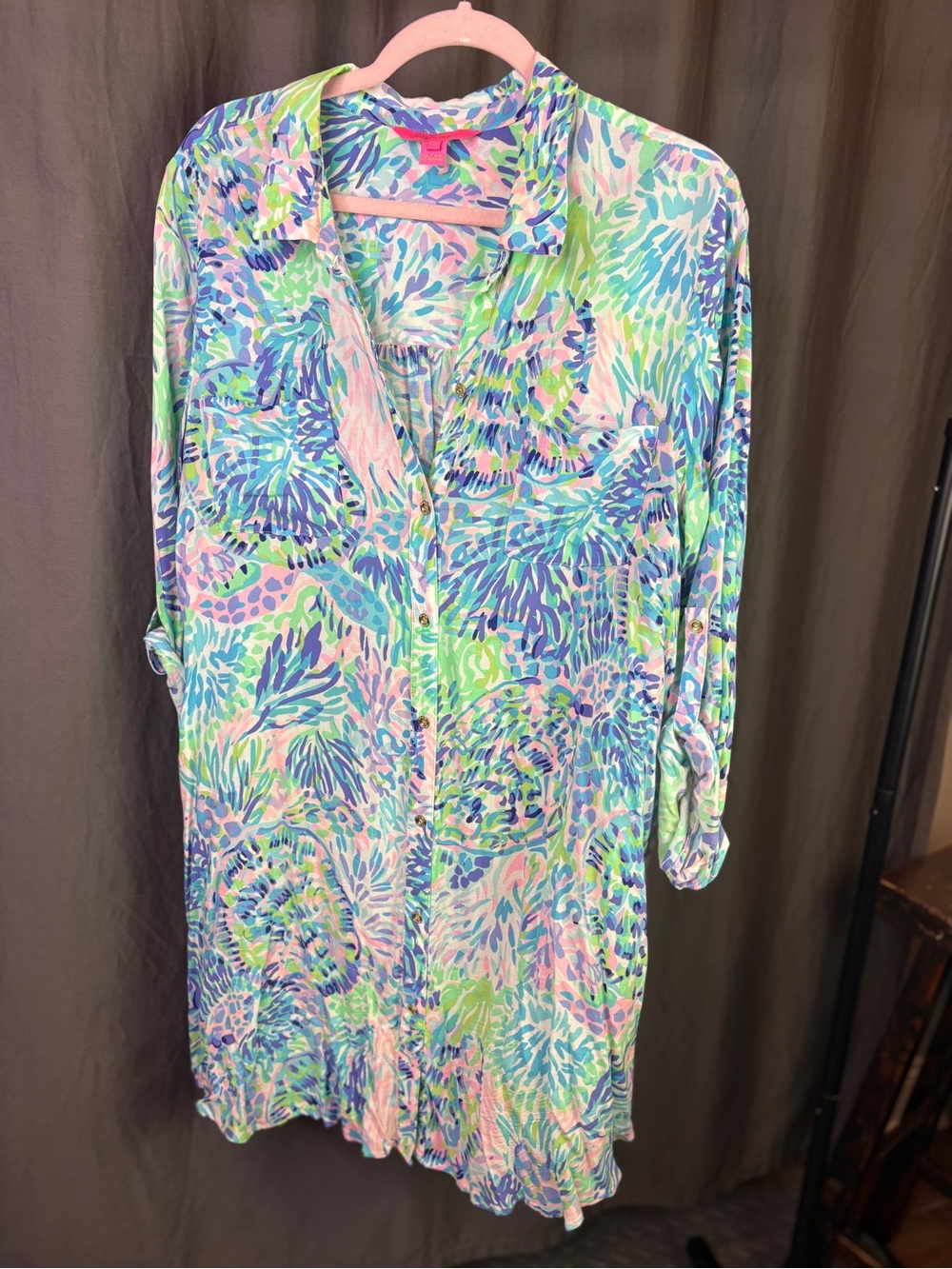 Lilly Pulitzer Pastel Pink Blue Green Floral Roll-Tab Tunic